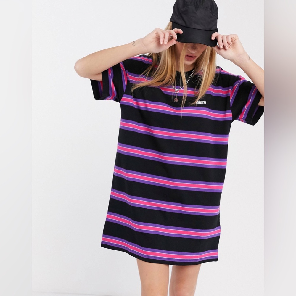 EUC Obey Peri Black Striped T Shirt Dress Mini Size Small